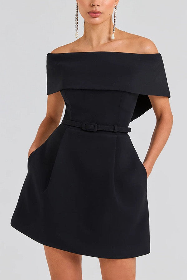 A-line mini dress with off-shoulder, belt, and pockets - Frances