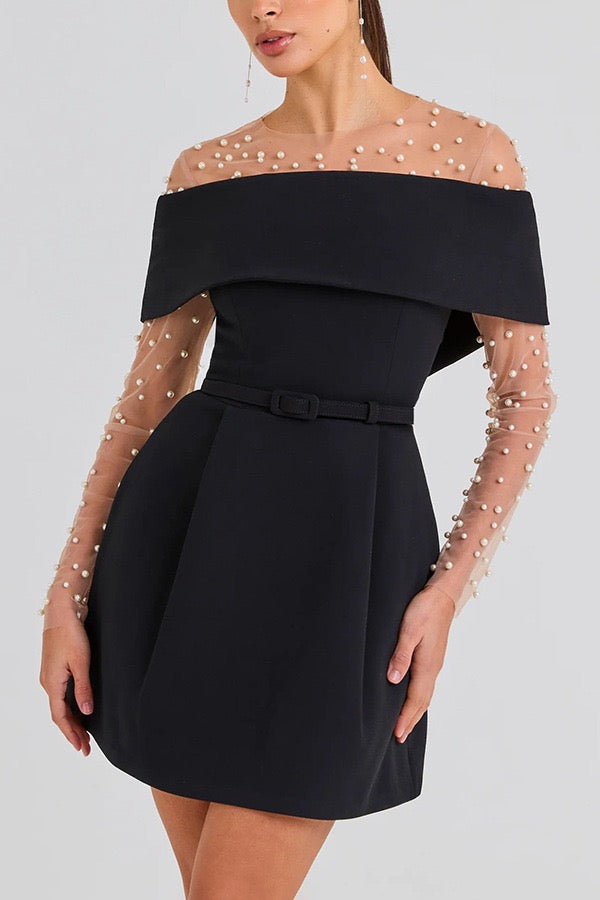 A-line mini dress with off-shoulder, belt, and pockets - Frances