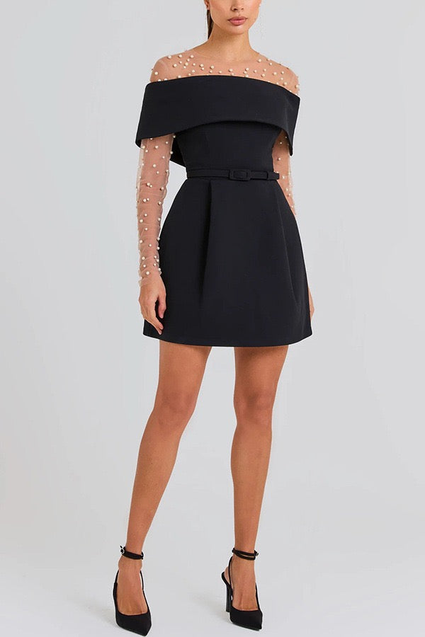 A-line mini dress with off-shoulder, belt, and pockets - Frances