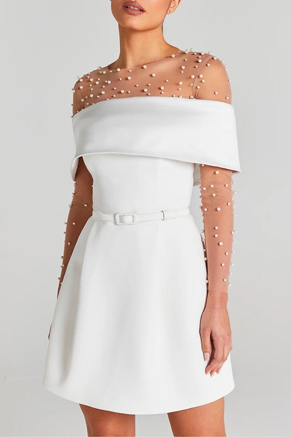 A-line mini dress with off-shoulder, belt, and pockets - Frances