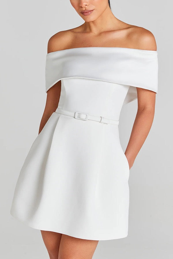 A-line mini dress with off-shoulder, belt, and pockets - Frances