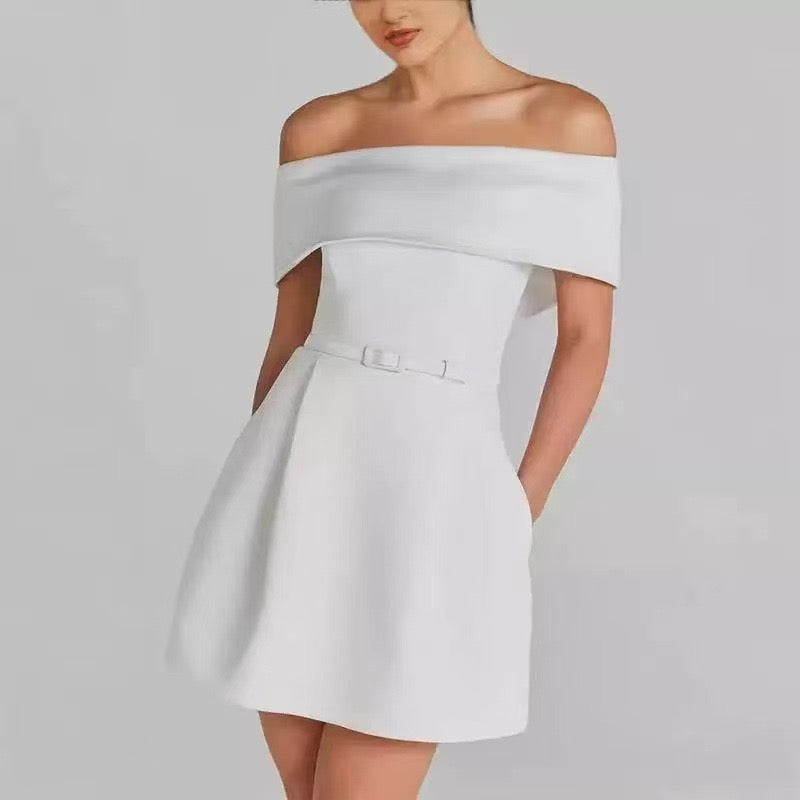 A-line mini dress with off-shoulder, belt, and pockets - Frances