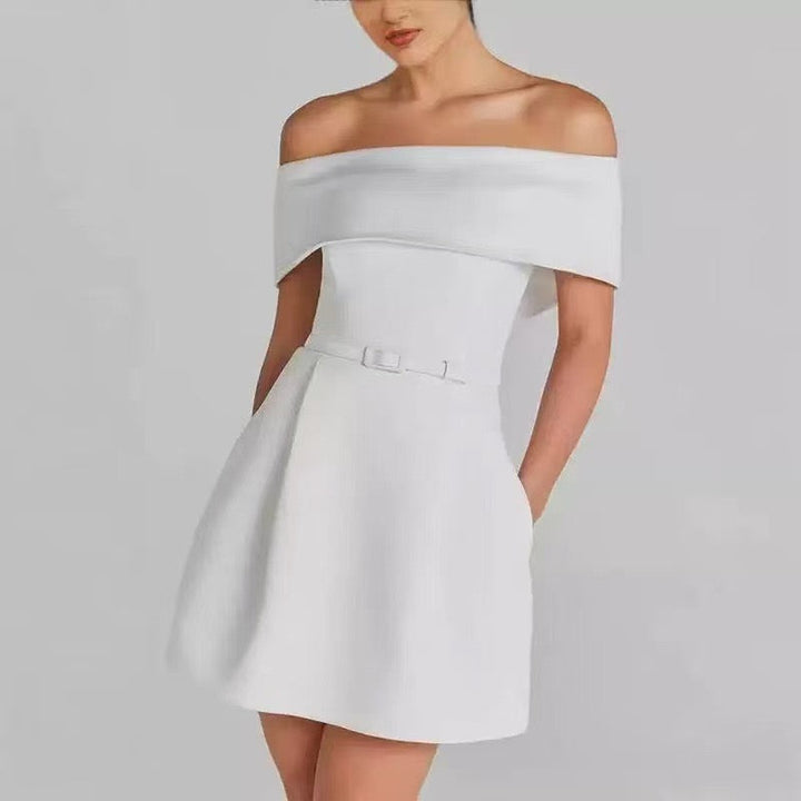 A-line mini dress with off-shoulder, belt, and pockets - Frances