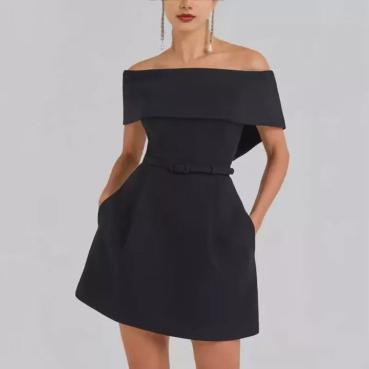 A-line mini dress with off-shoulder, belt, and pockets - Frances