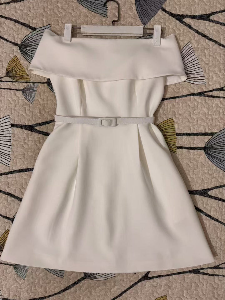 A-line mini dress with off-shoulder, belt, and pockets - Frances