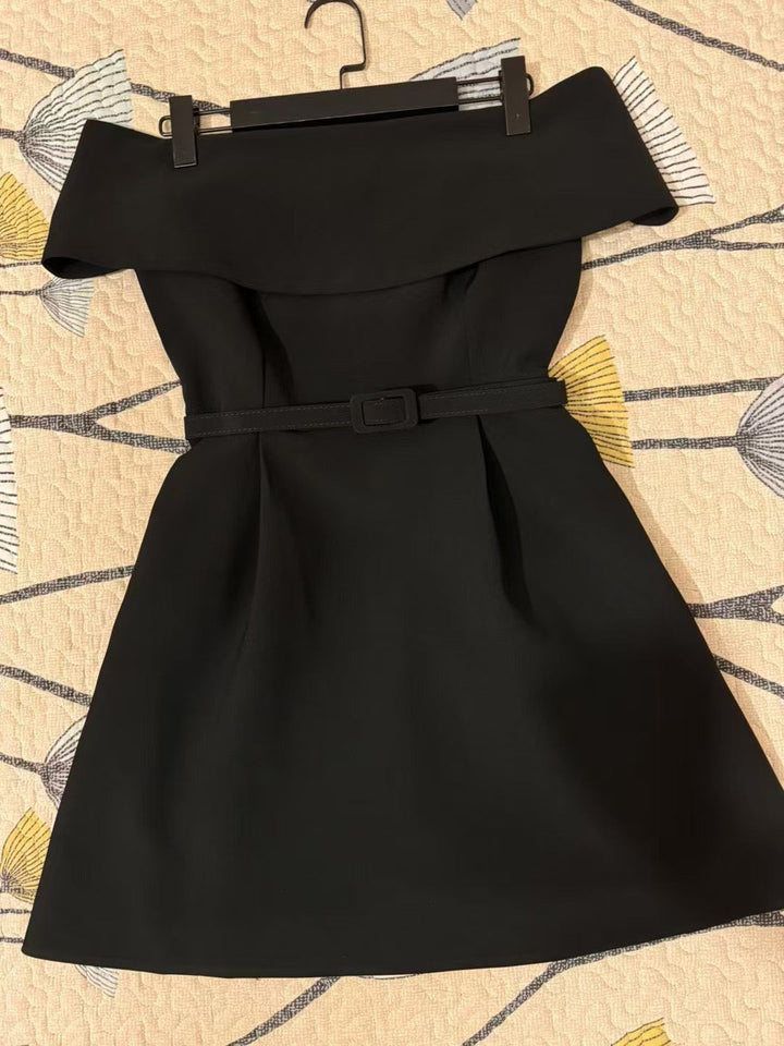 A-line mini dress with off-shoulder, belt, and pockets - Frances