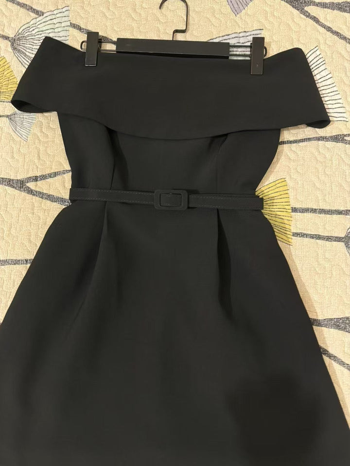 A-line mini dress with off-shoulder, belt, and pockets - Frances