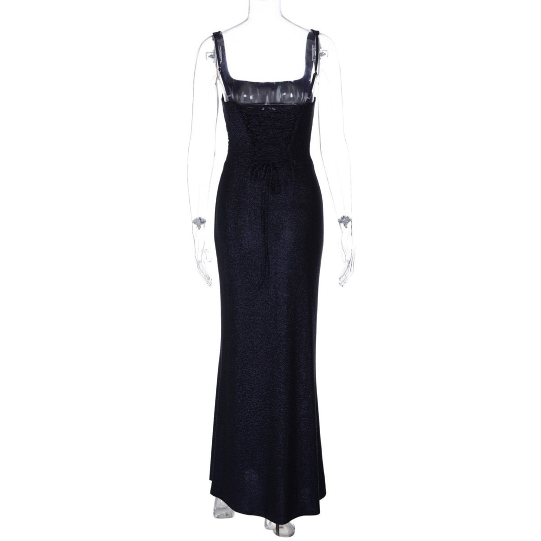 Lilianna sequin maxi dress with a back tie and waist-cinching design