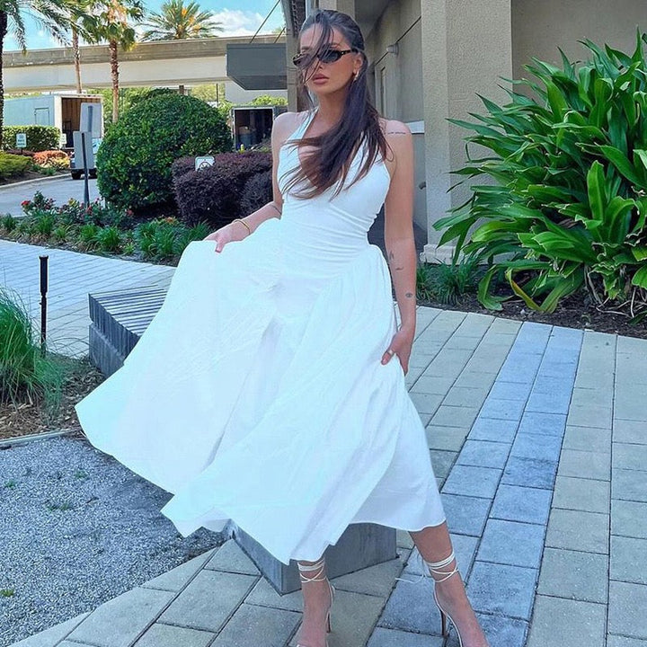 AMALIYA A-line maxi dress with a neck tie and open back