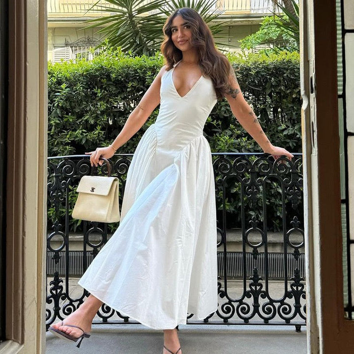 AMALIYA A-line maxi dress with a neck tie and open back