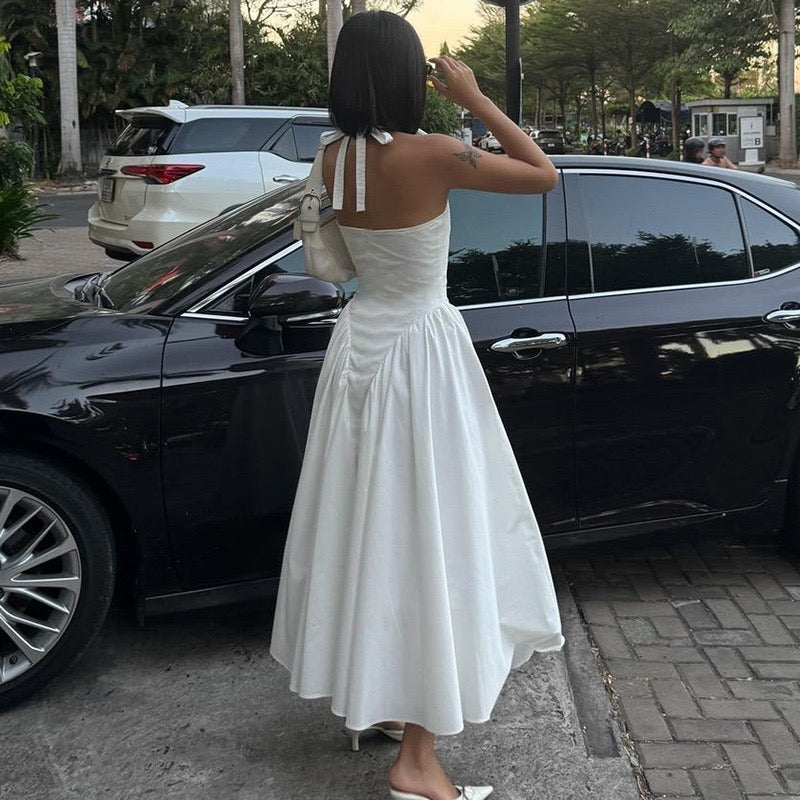 AMALIYA A-line maxi dress with a neck tie and open back