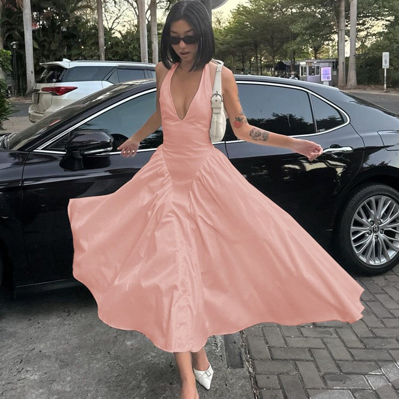 AMALIYA A-line maxi dress with a neck tie and open back