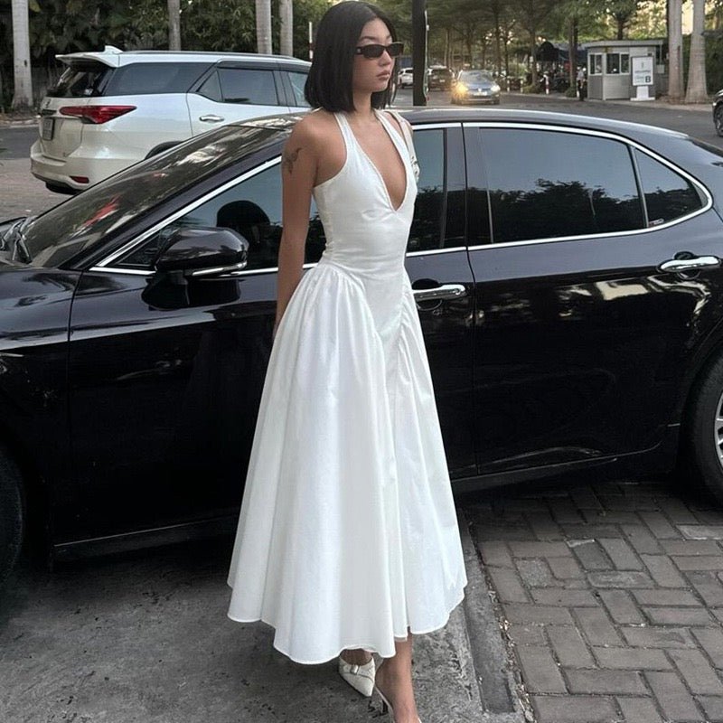 AMALIYA A-line maxi dress with a neck tie and open back