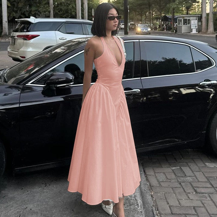 AMALIYA A-line maxi dress with a neck tie and open back