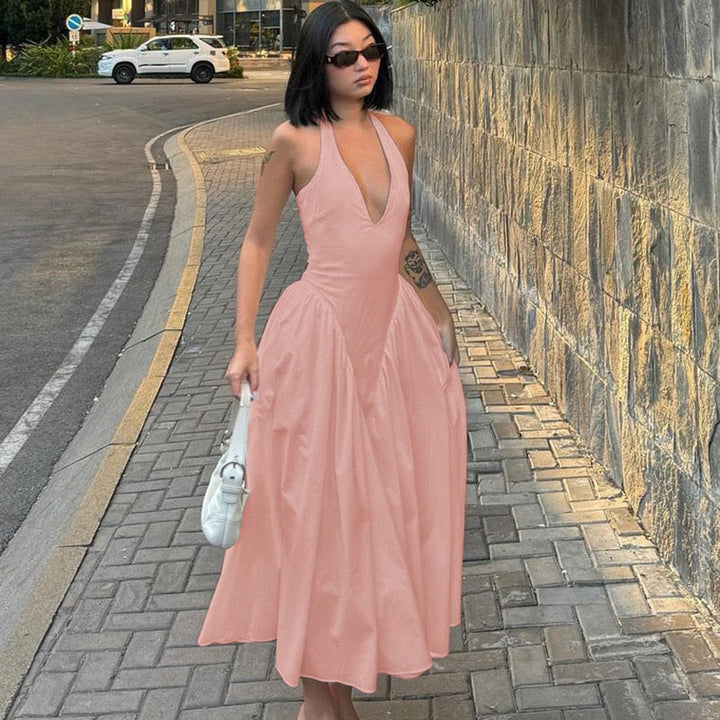 AMALIYA A-line maxi dress with a neck tie and open back