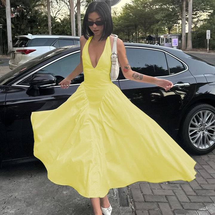 AMALIYA A-line maxi dress with a neck tie and open back