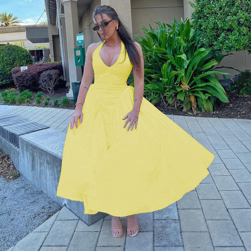 AMALIYA A-line maxi dress with a neck tie and open back