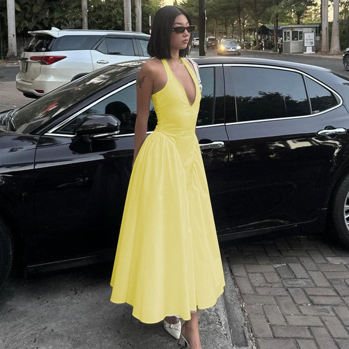 AMALIYA A-line maxi dress with a neck tie and open back