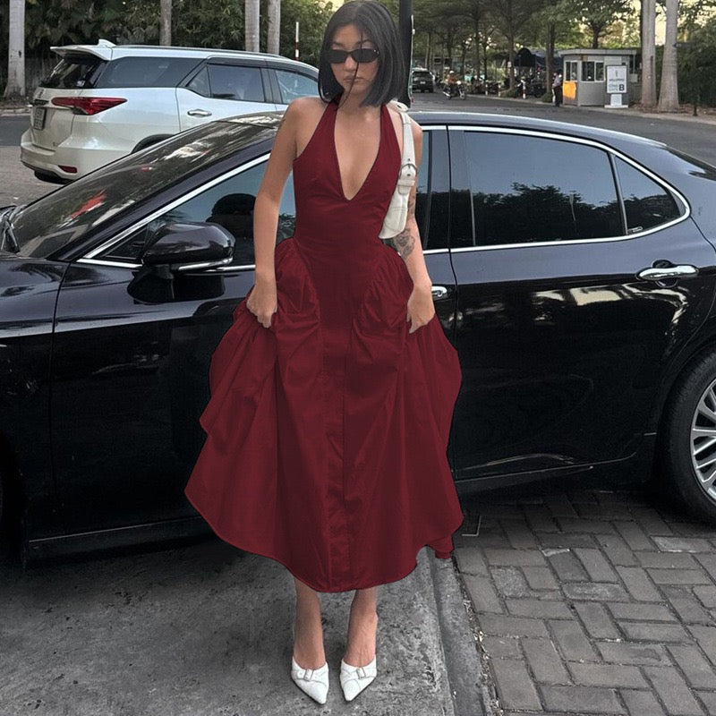 AMALIYA A-line maxi dress with a neck tie and open back