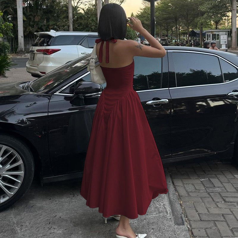 AMALIYA A-line maxi dress with a neck tie and open back