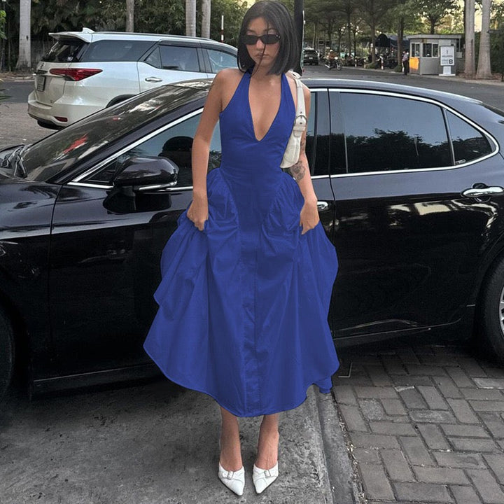 AMALIYA A-line maxi dress with a neck tie and open back