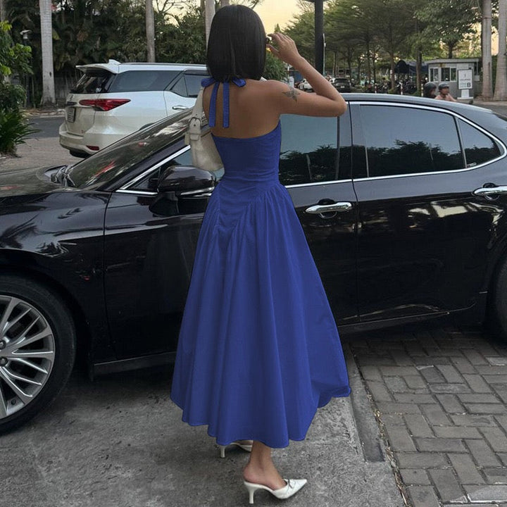 AMALIYA A-line maxi dress with a neck tie and open back