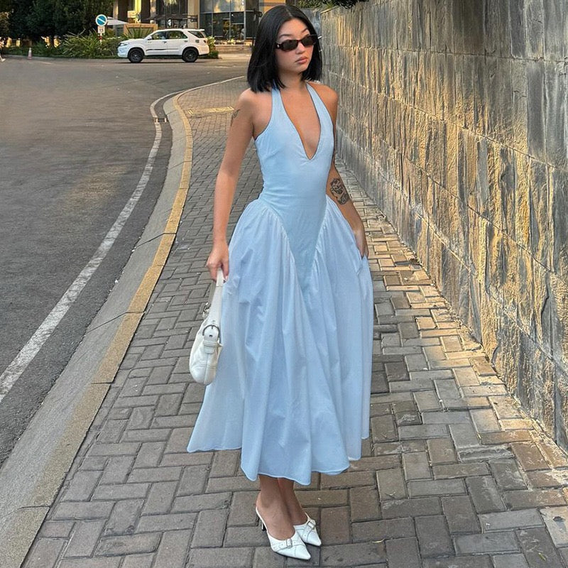 AMALIYA A-line maxi dress with a neck tie and open back