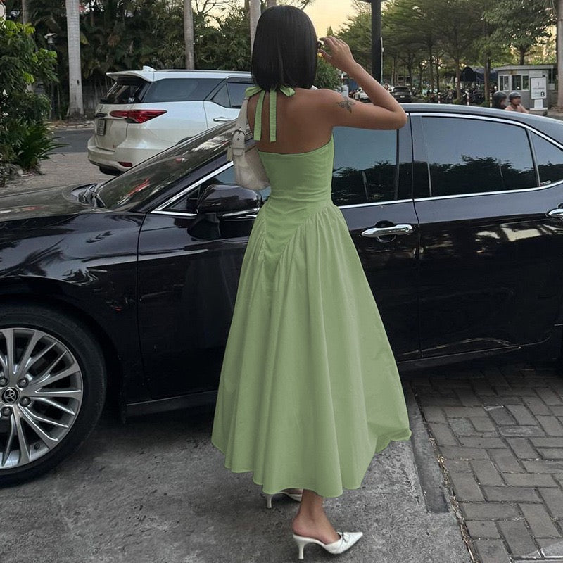 AMALIYA A-line maxi dress with a neck tie and open back