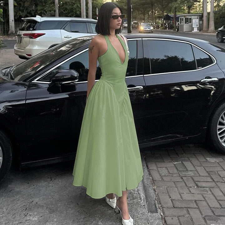 AMALIYA A-line maxi dress with a neck tie and open back