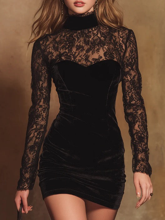 Velvet mini dress with turtleneck and lace design - Elva