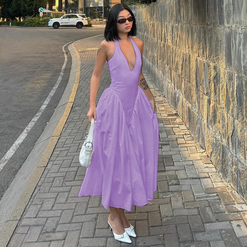 AMALIYA A-line maxi dress with a neck tie and open back