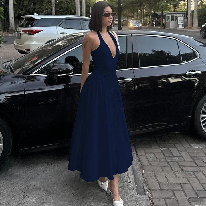 AMALIYA A-line maxi dress with a neck tie and open back