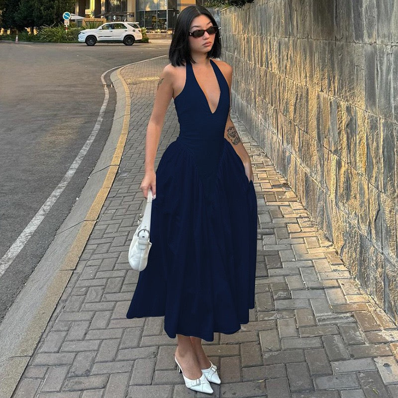AMALIYA A-line maxi dress with a neck tie and open back