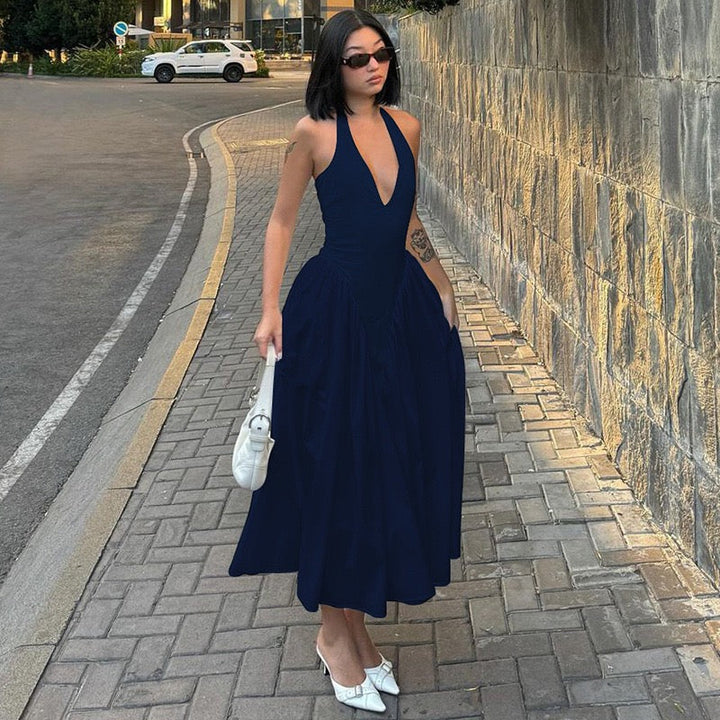 AMALIYA A-line maxi dress with a neck tie and open back
