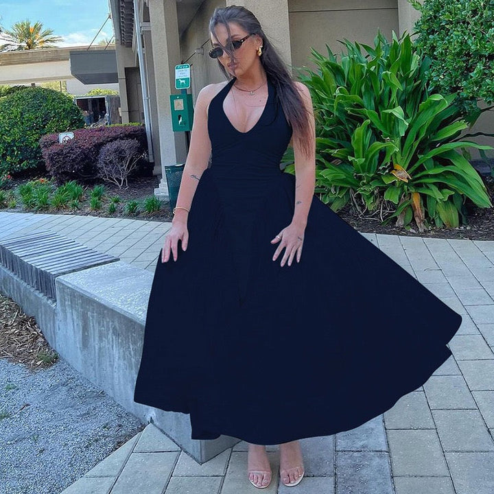 AMALIYA A-line maxi dress with a neck tie and open back