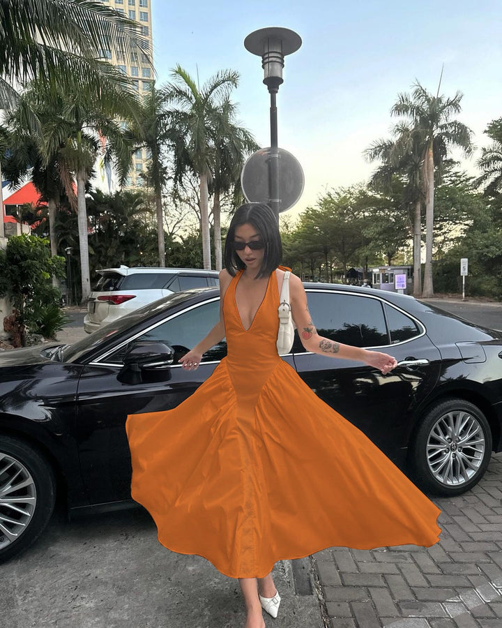 AMALIYA A-line maxi dress with a neck tie and open back