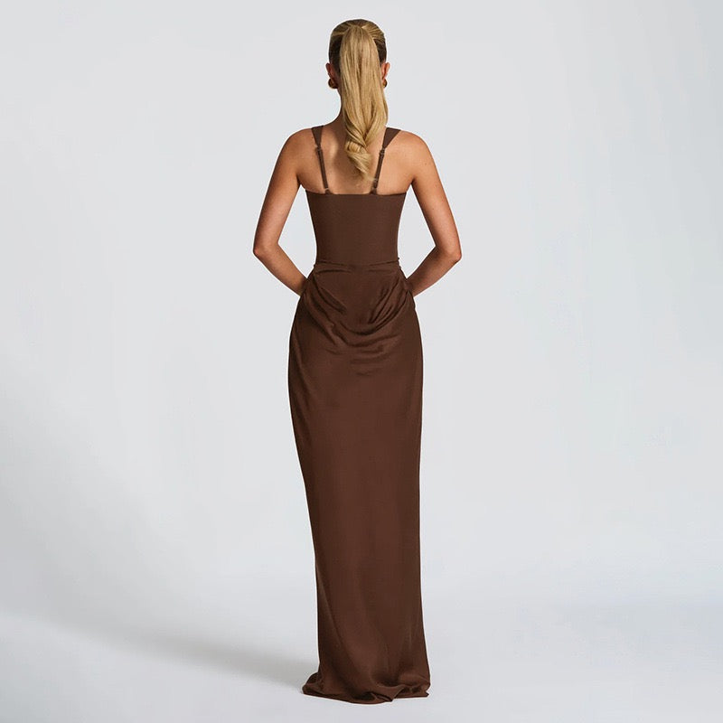 Maxi dress with satin pleats and corset tie at the back for waist fitting - Loiana
