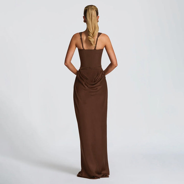 Maxi dress with satin pleats and corset tie at the back for waist fitting - Loiana