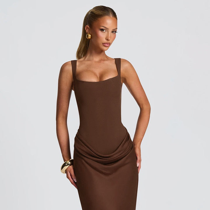Maxi dress with satin pleats and corset tie at the back for waist fitting - Loiana
