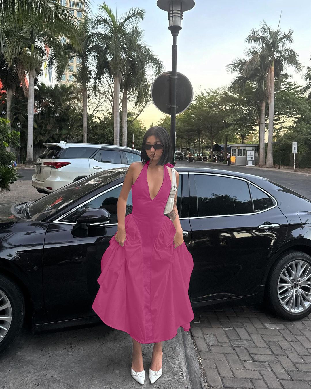 AMALIYA A-line maxi dress with a neck tie and open back