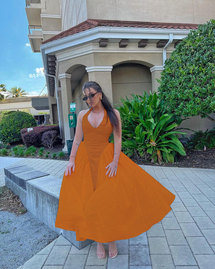 AMALIYA A-line maxi dress with a neck tie and open back