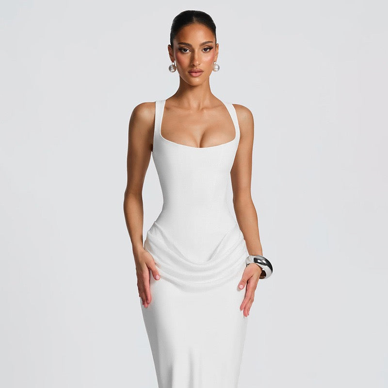 Maxi dress with satin pleats and corset tie at the back for waist fitting - Loiana