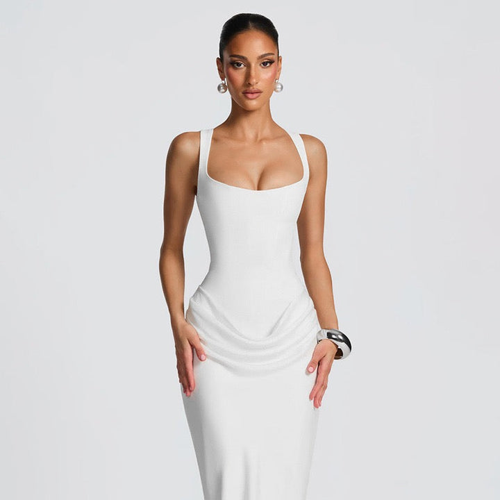 Maxi dress with satin pleats and corset tie at the back for waist fitting - Loiana