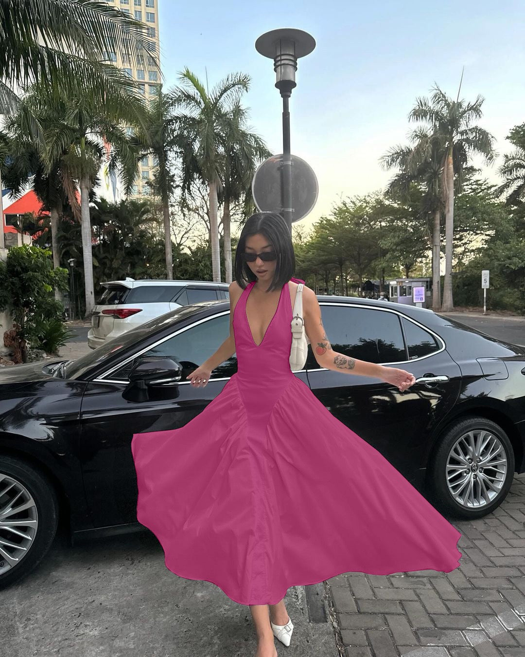 AMALIYA A-line maxi dress with a neck tie and open back