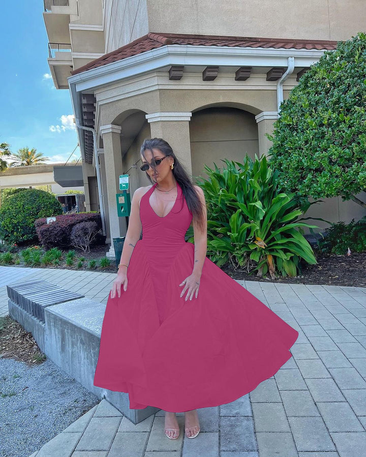 AMALIYA A-line maxi dress with a neck tie and open back