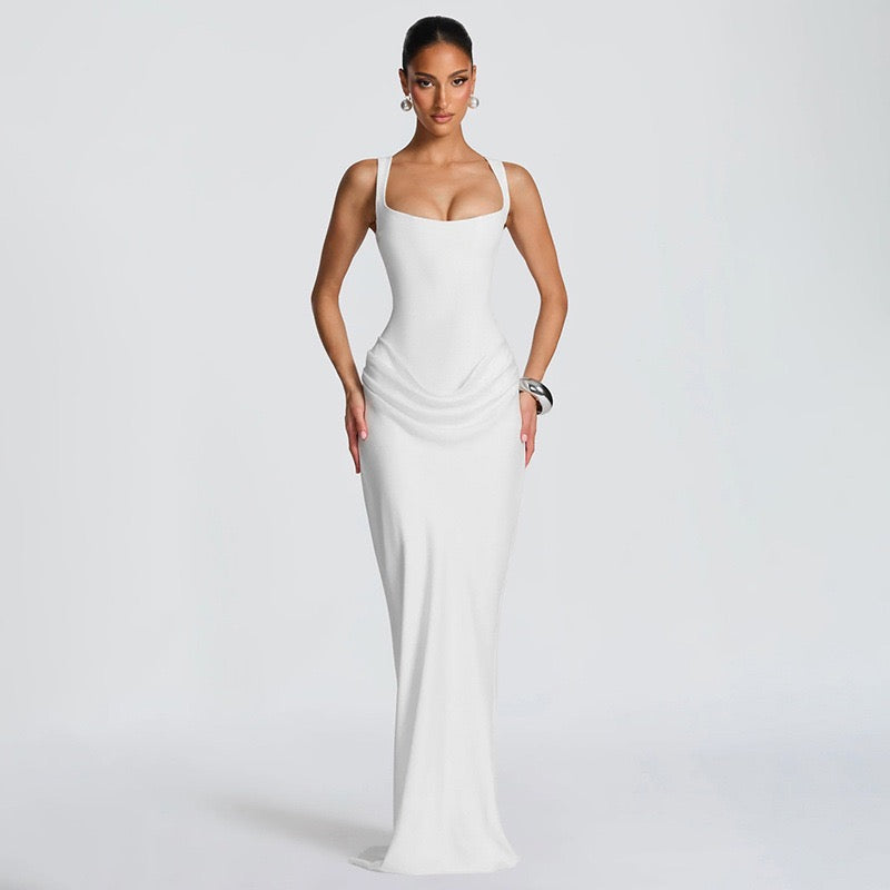 Maxi dress with satin pleats and corset tie at the back for waist fitting - Loiana
