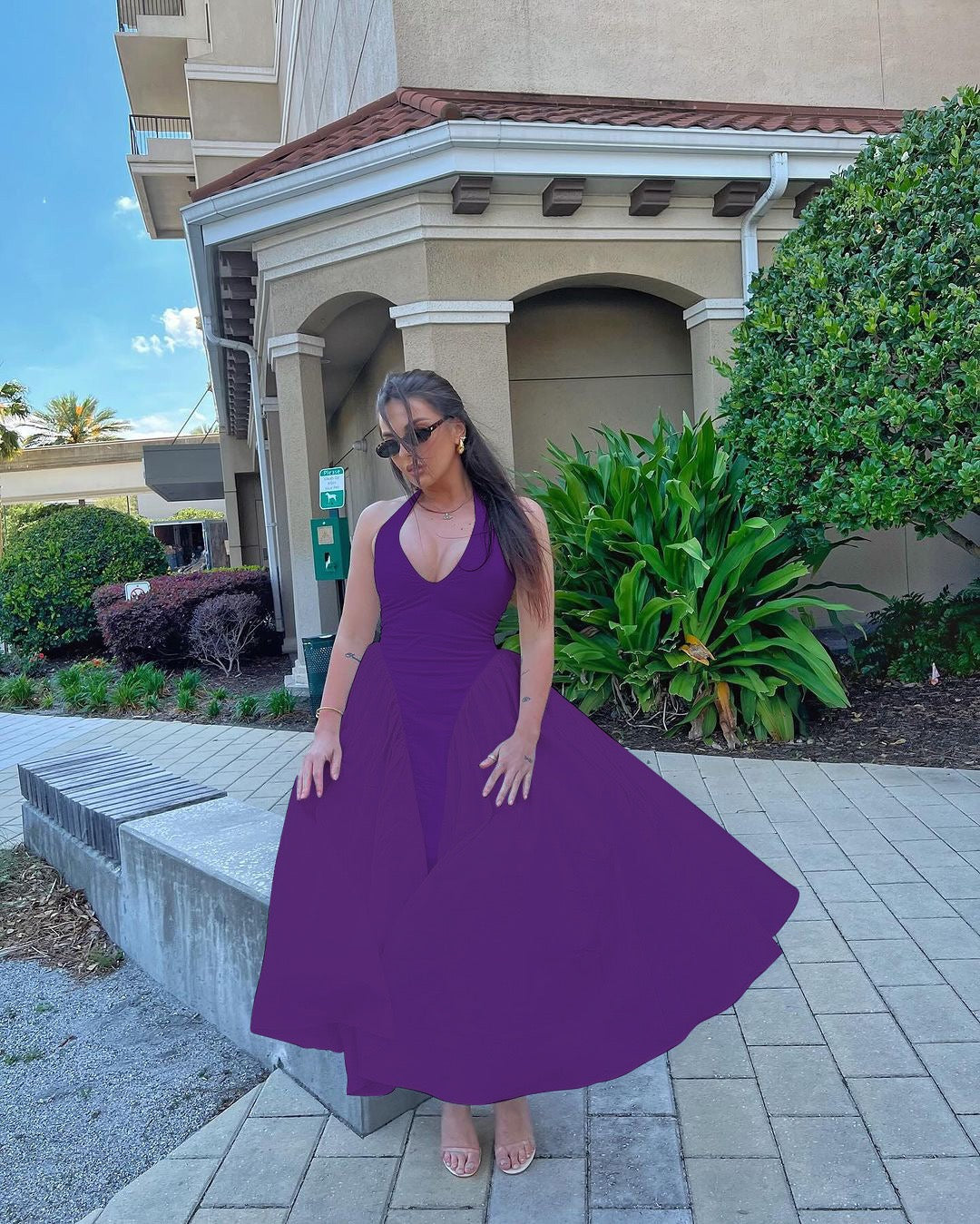 AMALIYA A-line maxi dress with a neck tie and open back