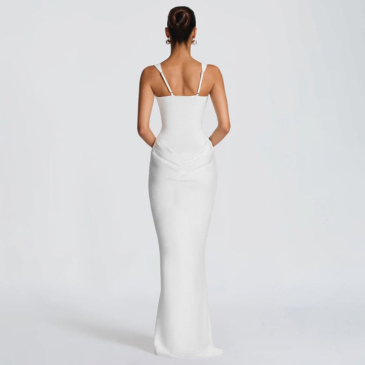 Maxi dress with satin pleats and corset tie at the back for waist fitting - Loiana