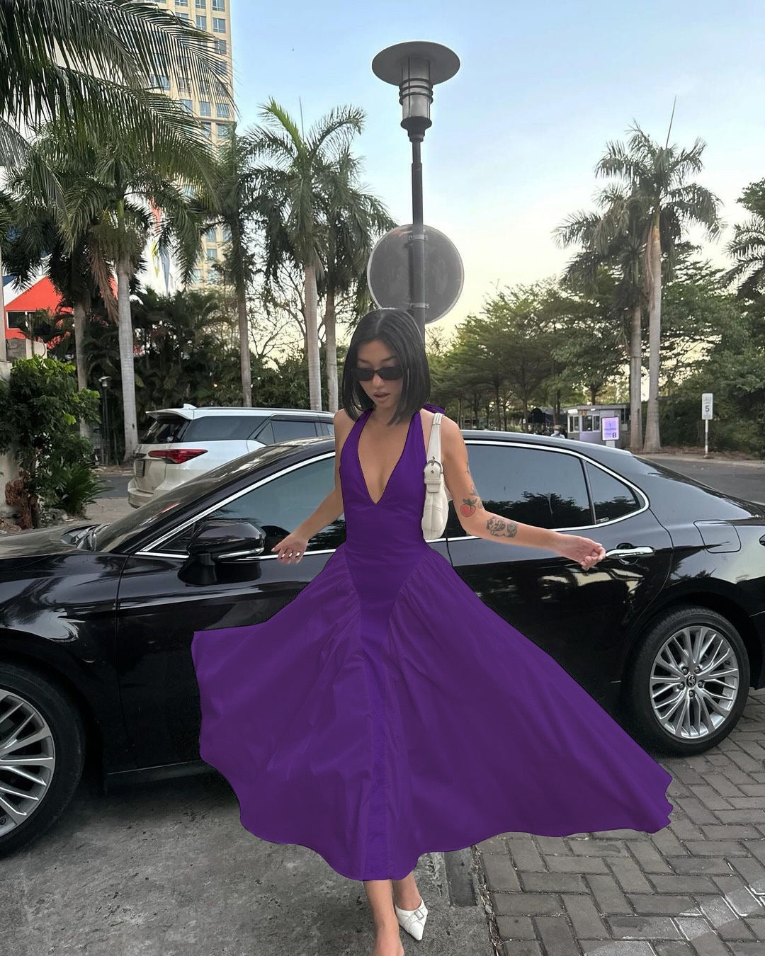 AMALIYA A-line maxi dress with a neck tie and open back