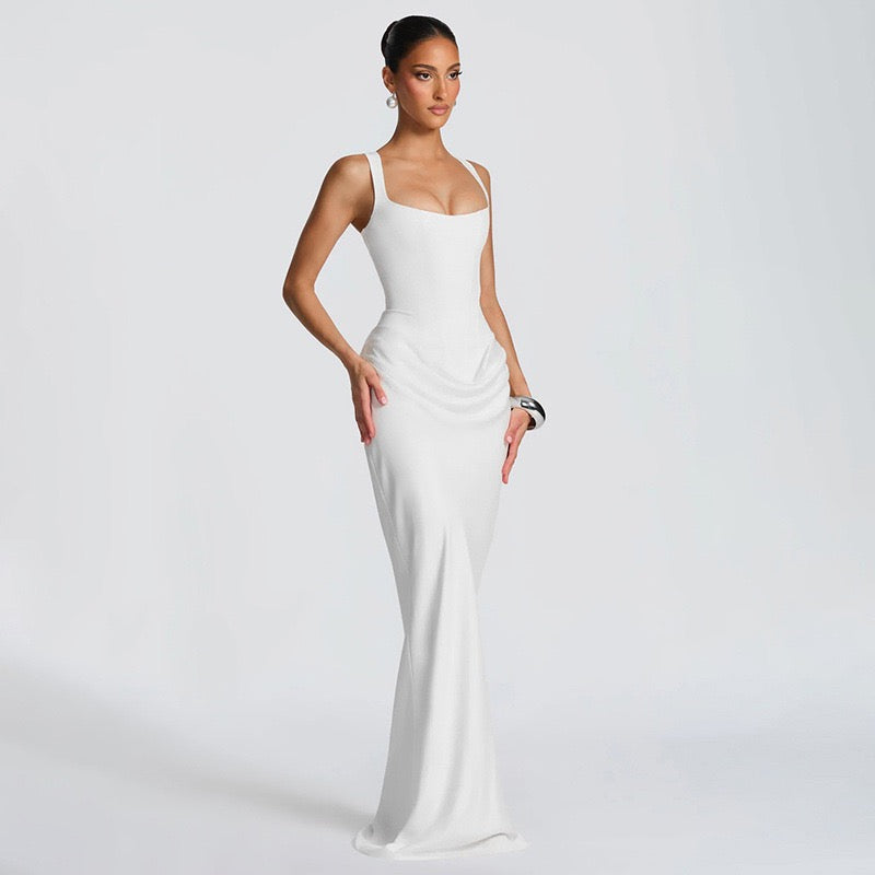 Maxi dress with satin pleats and corset tie at the back for waist fitting - Loiana